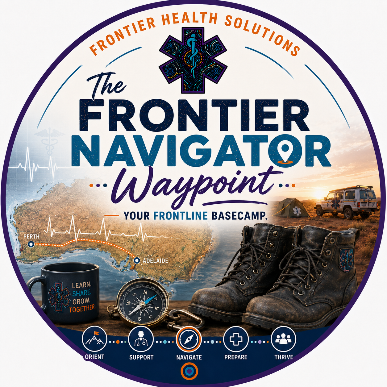 Logo for The Frontier Navigator Waypoint, a healthcare service with images of boots, a map of Australia with a route from Perth to Adelaide, a tent and vehicle, and medical supplies. The logo includes slogans like 'Learn, Share, Grow, Together' and icons representing orientation, support, navigation, preparation, and thriving.