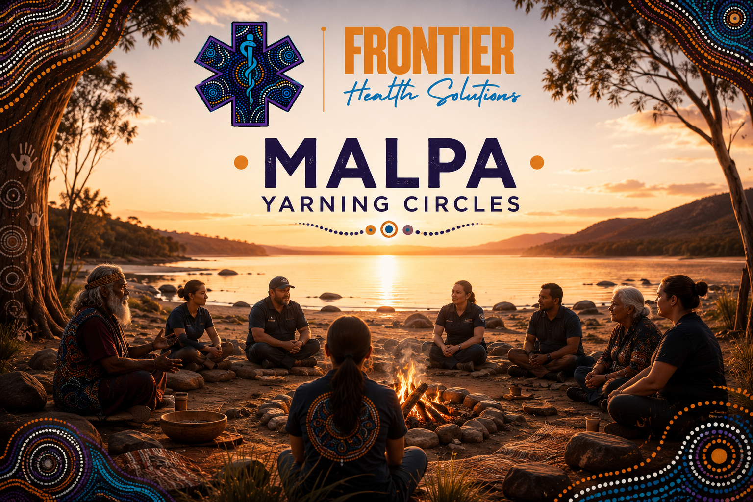 Group of people sitting around a campfire by a river at sunset, with trees and hills in the background, and a large text overlay reading 'Frontier Health Solutions Malpa Yarning Circles'.