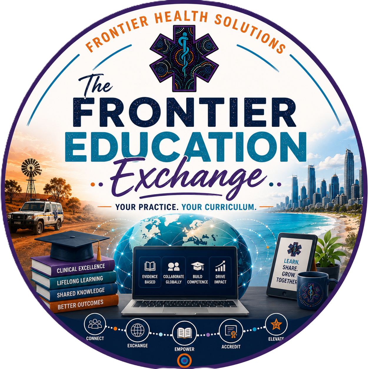 Logo for The Frontier Education Exchange with a colorful emblem, a city skyline, a world map, books, a laptop, a tablet, and various icons representing education themes.