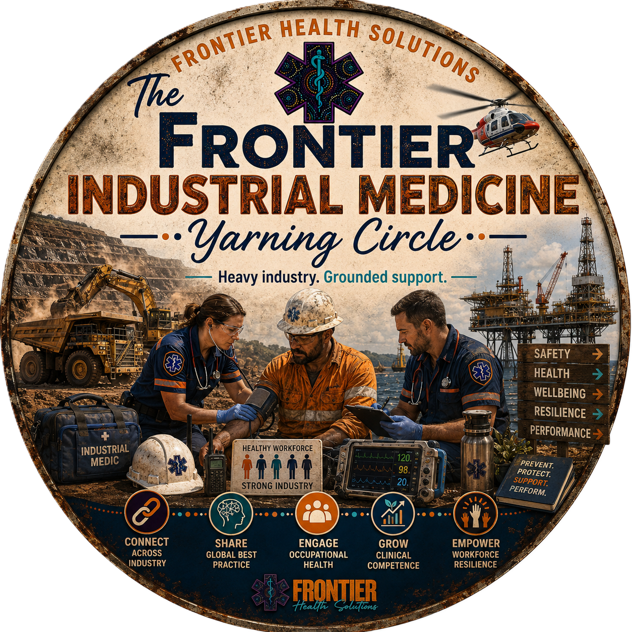 A circular logo for Frontiers Industrial Medicine Yarning Circle featuring healthcare workers and industrial equipment, with text emphasizing support for industrial health and resilience.