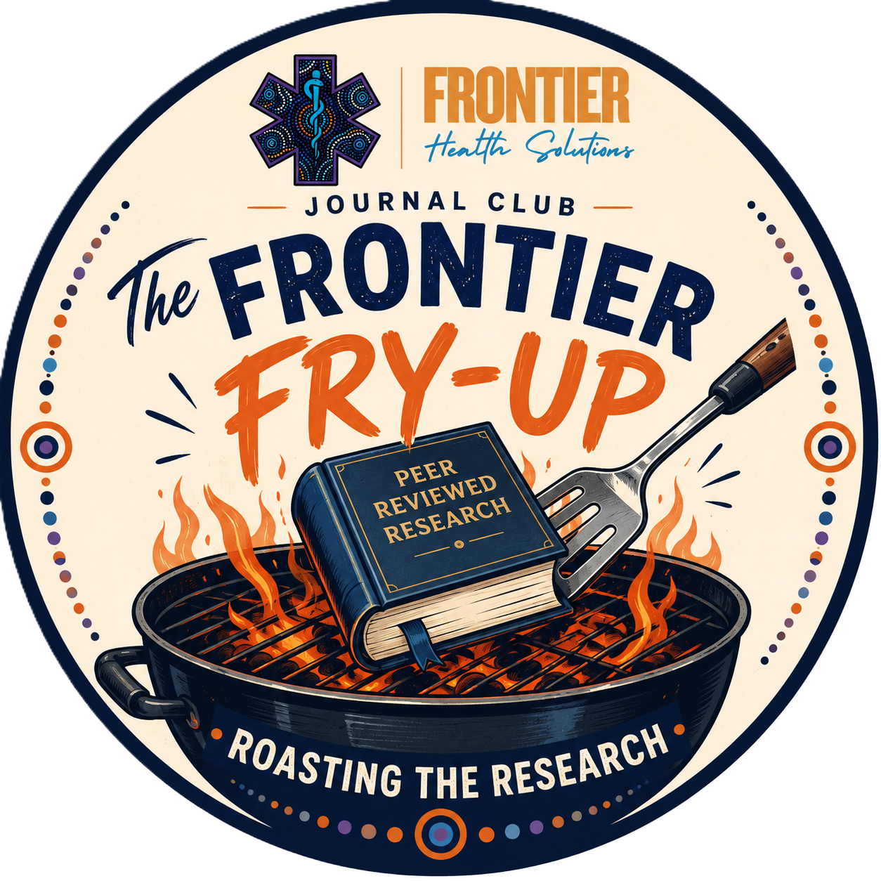 A circular logo for the Frontier Journal Club with a caduceus symbol at the top. It features a book labeled 'Peer Reviewed Research' on a flaming grill with a fork, and the text 'The Frontier Fry-Up' and 'Roasting the Research' surrounding the illustration.