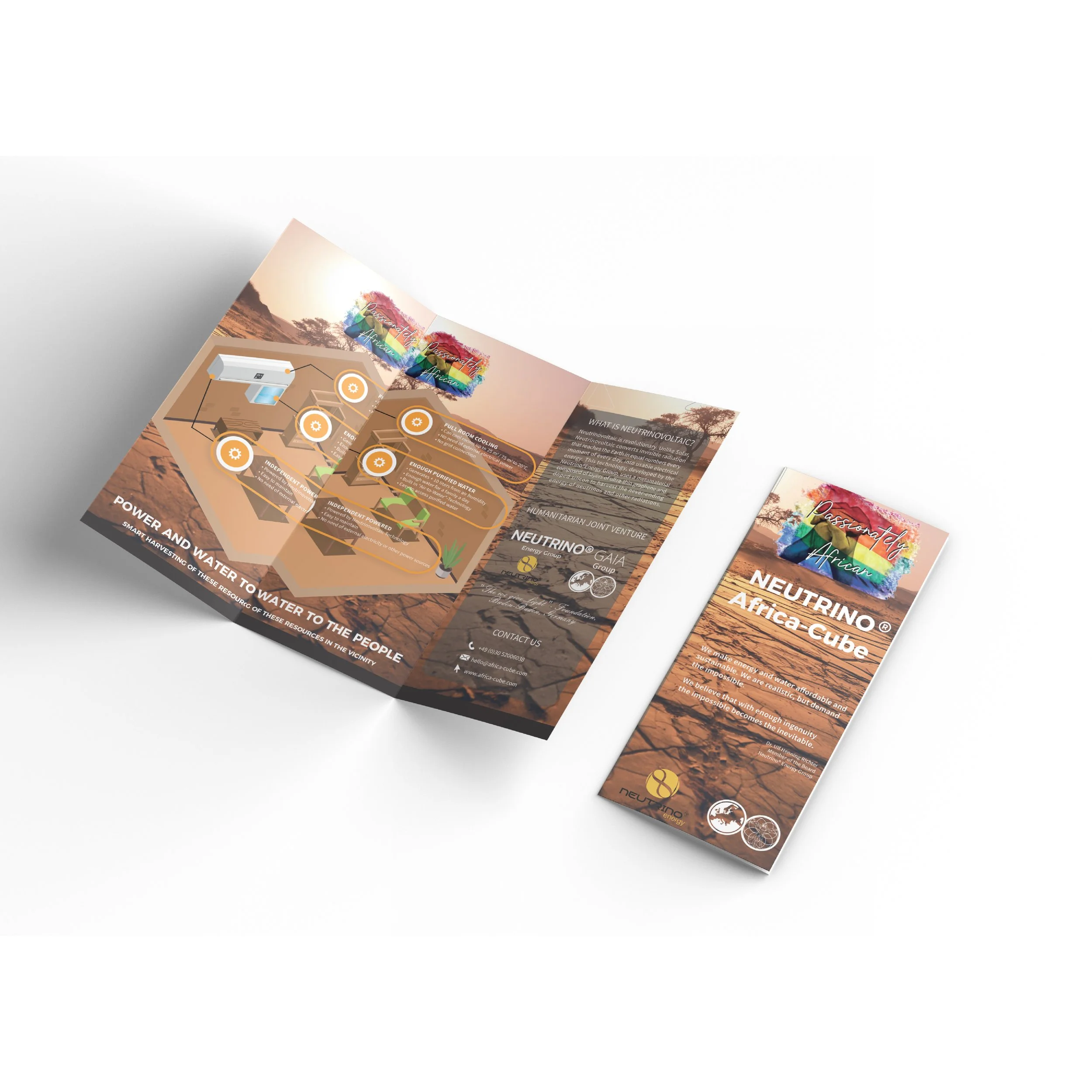 Brochure or flyer with a desert landscape and colorful rainbow graphics, featuring text about Africa and energy topics.