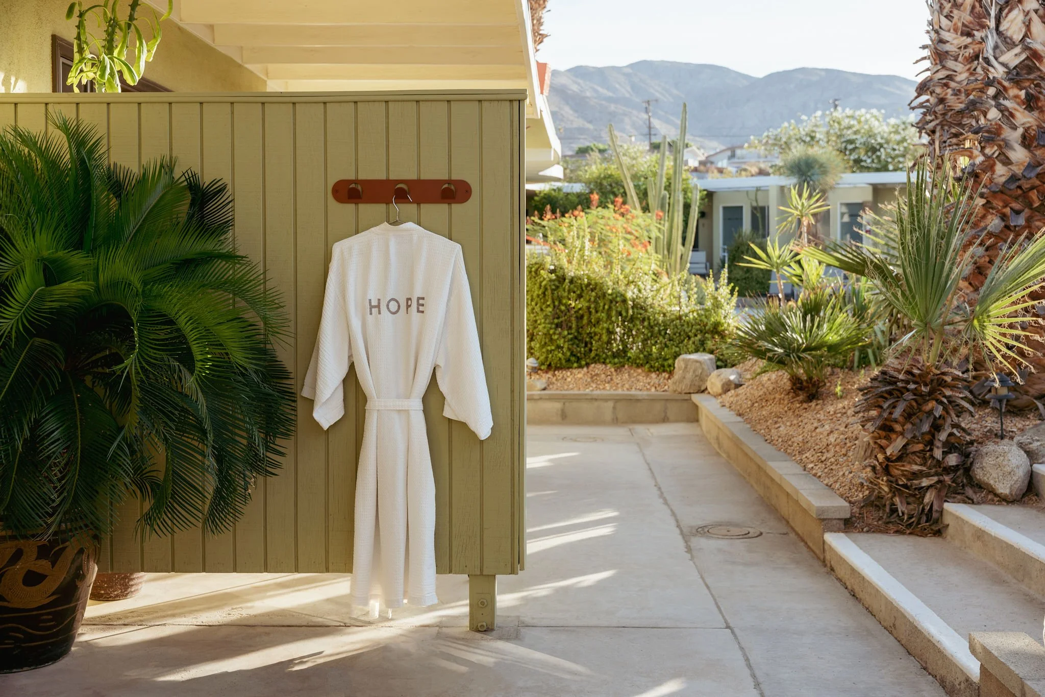 A balcony with a plant in a decorative pot, a yellow privacy screen with a white bathrobe that has the word 'HOPE' on it hanging on a hook, and a desert garden with palm trees, cacti, and mountain views in the background.