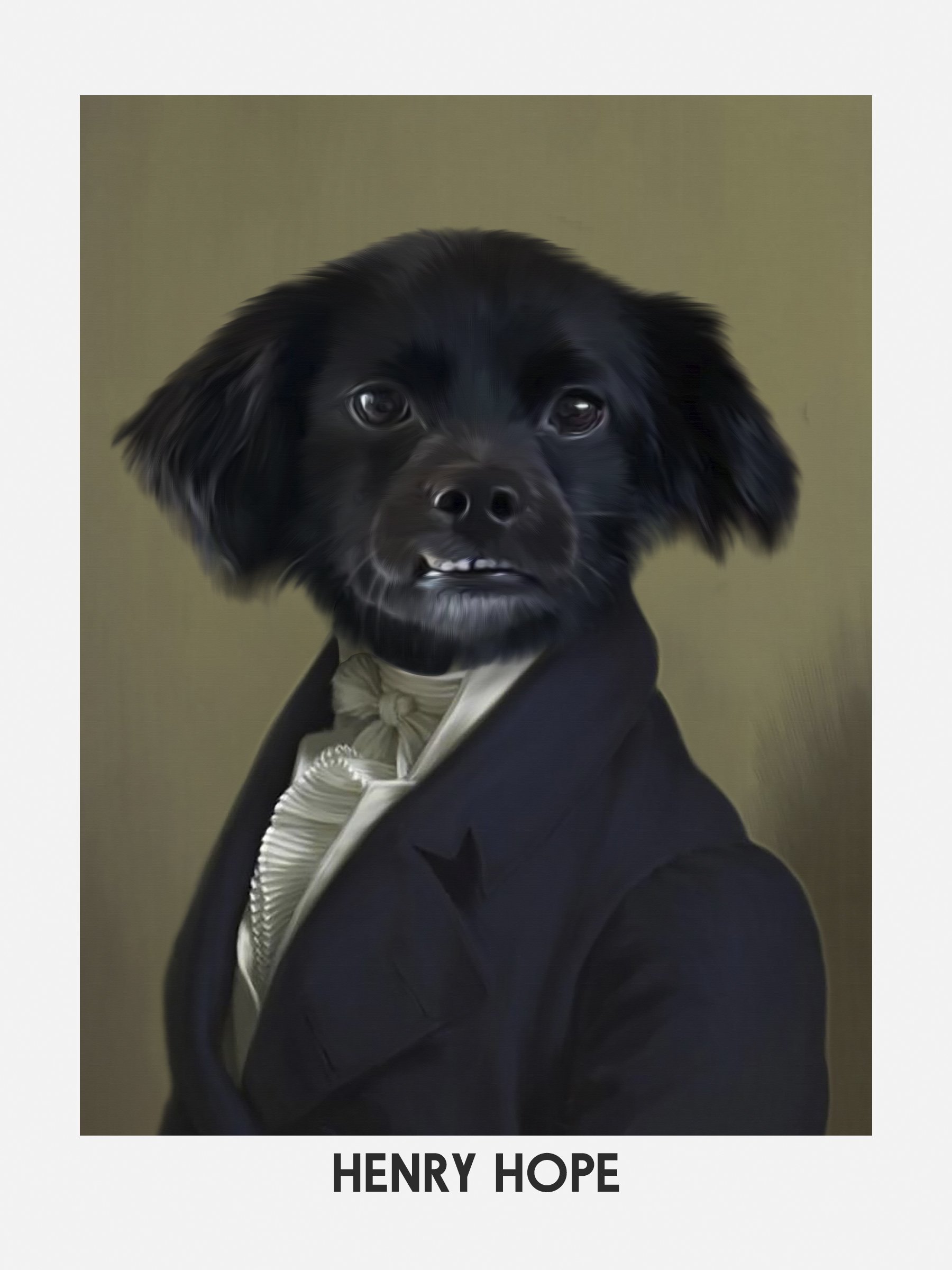 A portrait of a dog with black fur, wearing a formal black suit and a white bow tie, with the name 'Henry Hope' written below.