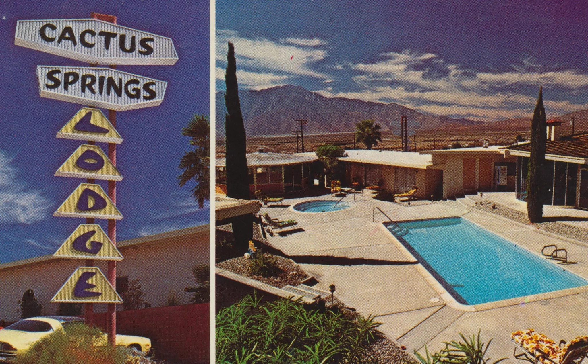 A roadside sign that reads 'Cactus Springs lodge' next to a pool area with lounge chairs, palm trees, and a mountain range in the background.