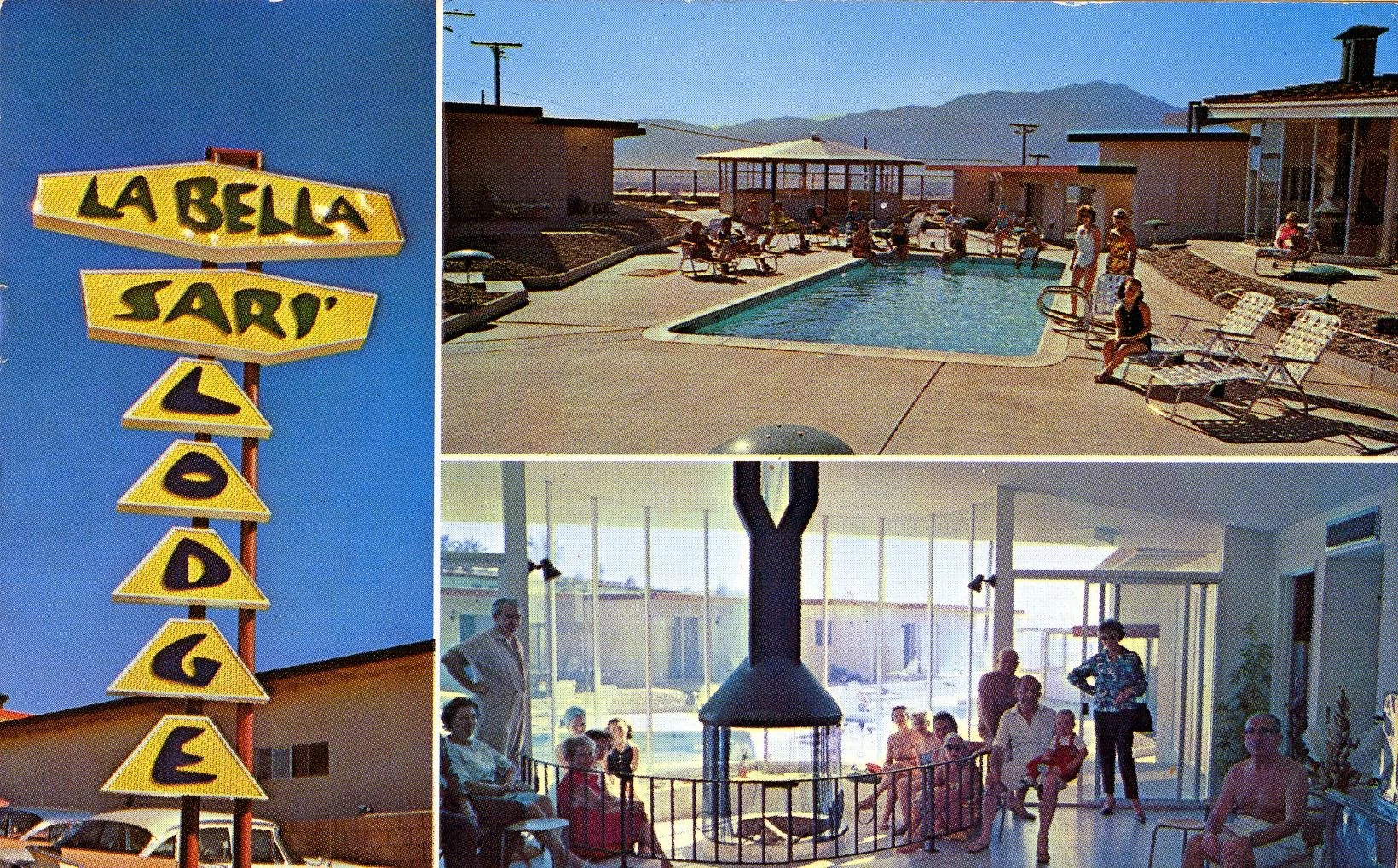 A collage of three photos: the first shows a tall yellow sign with black letters spelling 'LA BELLA SARI'S DRIVE'; the second shows an outdoor swimming pool area with lounge chairs, umbrellas, and people, with a mountain in the background; the third shows an indoor room with large windows, a fireplace, and several people, some sitting and some standing, in what appears to be a social gathering.