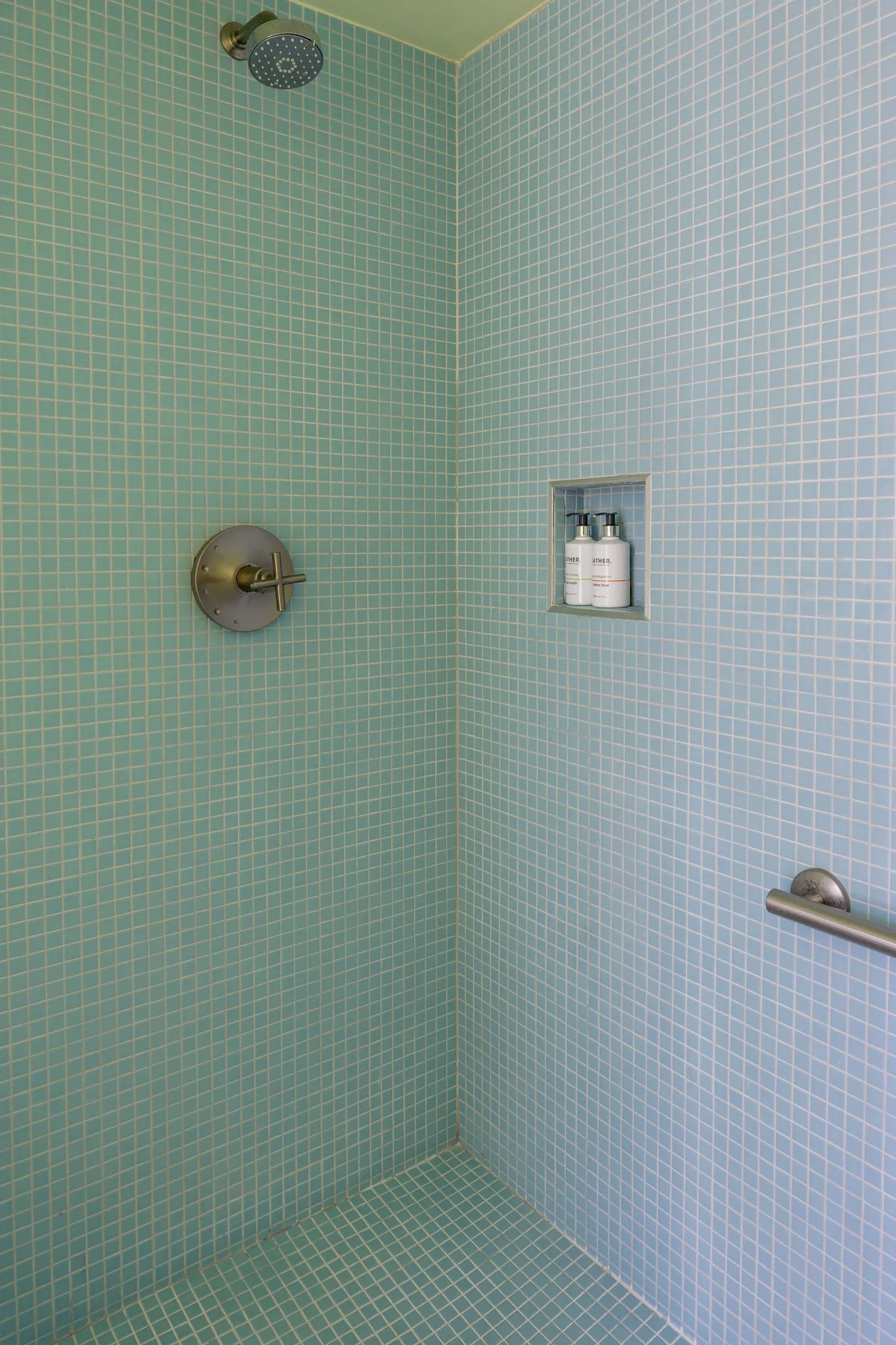 Indoor shower with blue mosaic tile walls, a mounted showerhead, a control handle, and a built-in niche with two bottles of shampoo or body wash.