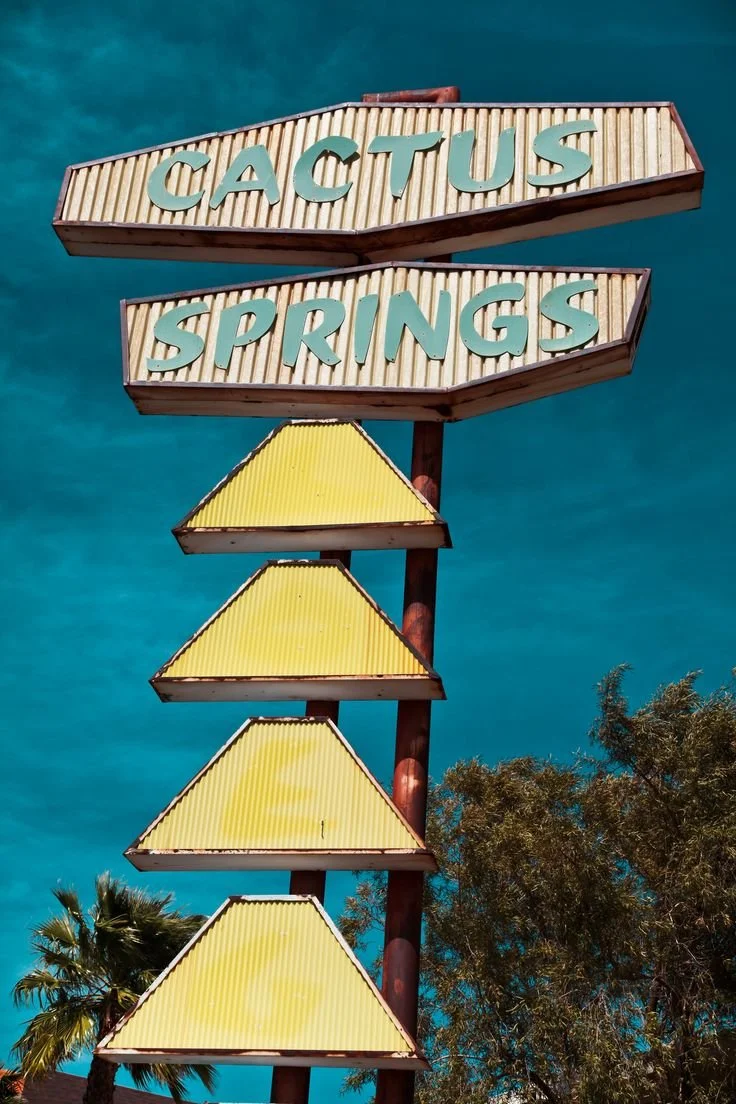Sign for Cactus Springs with yellow triangular panels beneath the text, against a blue sky with trees in the background.