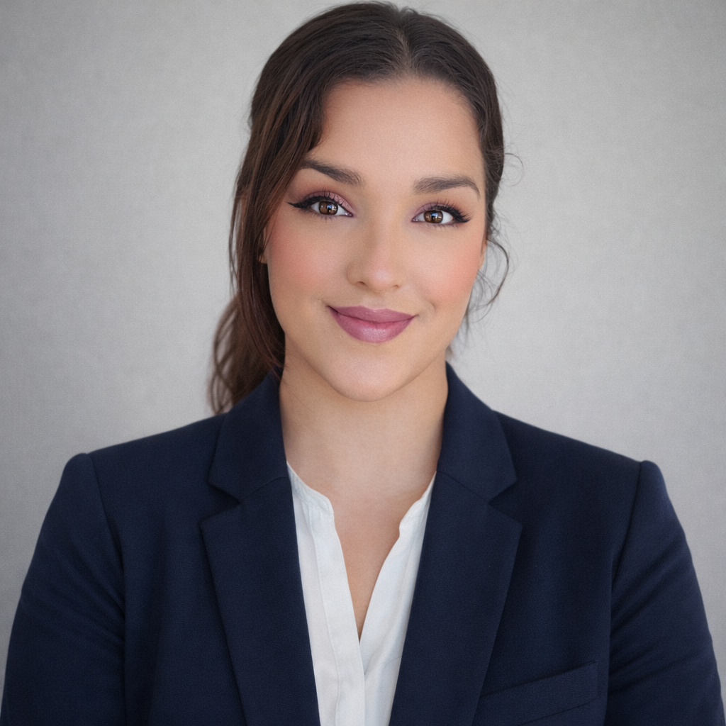 Professional woman with brown hair, wearing a navy blazer and white blouse, smiling against a plain gray background.