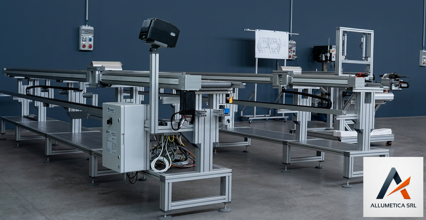 Macchinario industriale in profili alluminio strutturale rulliera e nastri trasportatori realizzati su misura, con sistema di posizionamento a misura e accessori. attrezzature per officine e produzione