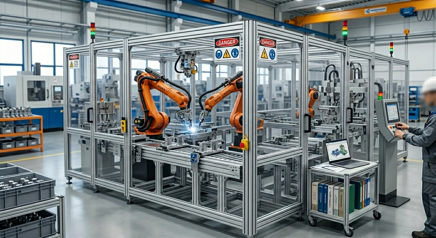 protezione alluminio strutturale per macchina automatica robot collaborativo produzione, strutture protezione alluminio, industria linea produttiva , strutture supporto produzione meccanica precisione , certificazione area produttiva
