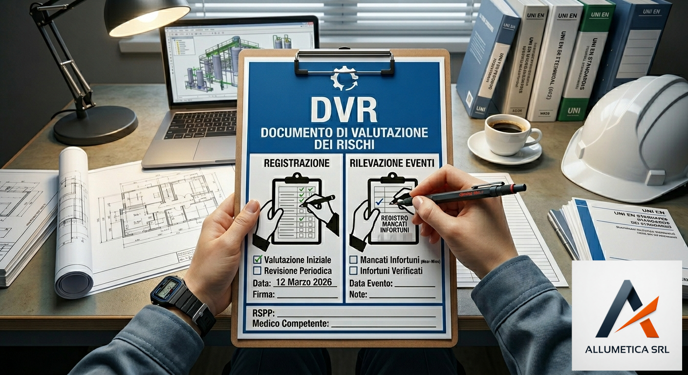 Un'area di lavoro con un tavolo e vari strumenti di progettazione, documento di valutazione dei rischi, con firma e campo per eventi e note. DVR messa a norma RSPP