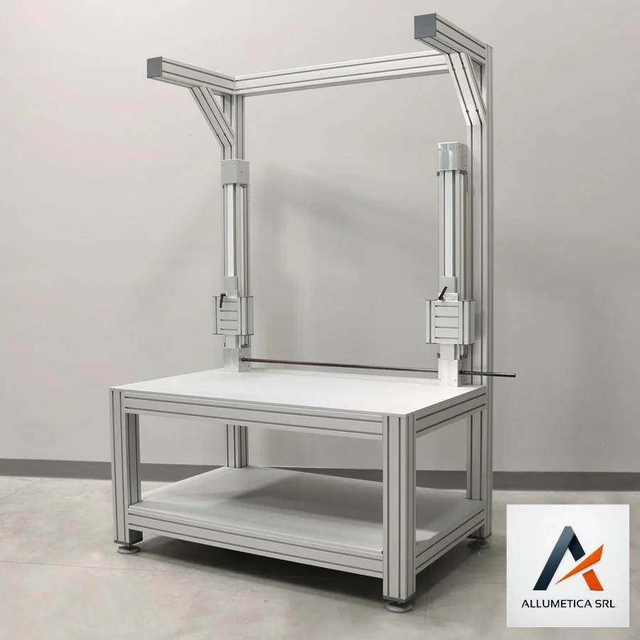 Postazione di lavoro ergonomica in profili strutturali in alluminio con sistema di regolazione in altezza motorizzato elettricamente ALLUMETICA SRL