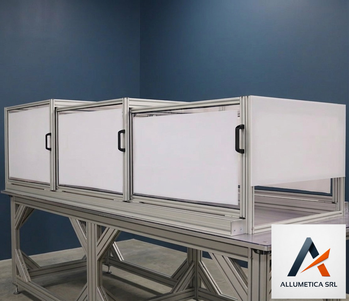 Struttura modulare banco di collaudo con sportello scorrevole telescopico su guide integrate Allumetica SRL