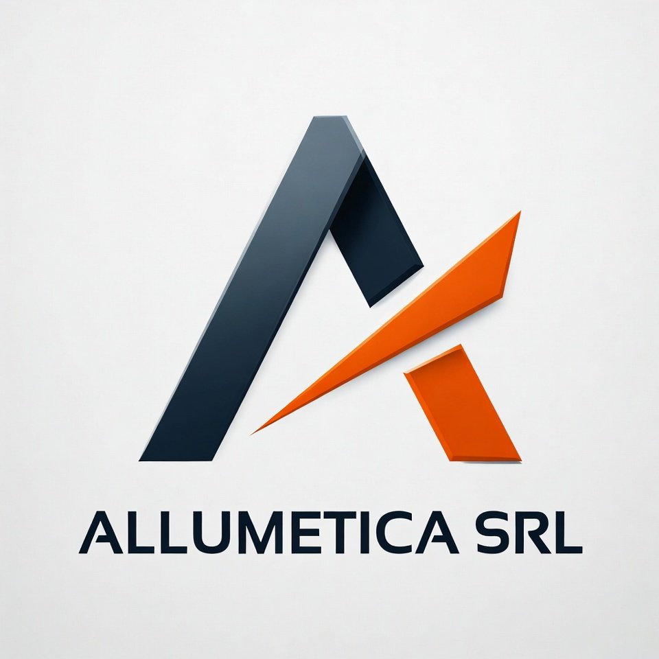 Logo di Allumetica SRL con simboli astratti di un'asta e una freccia di colore nero e arancione