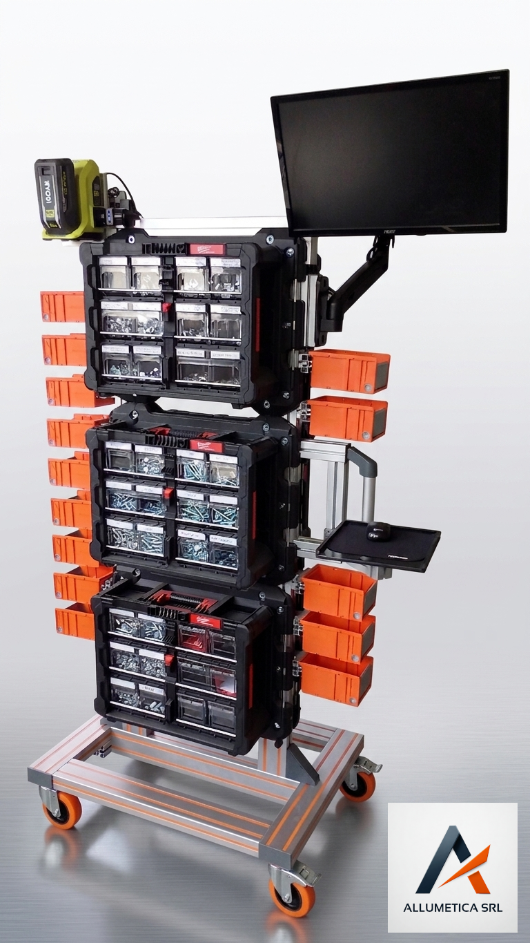 Carrello con contenitori di componenti, monitor computer e inverter, autoalimentato realizzato in profili strutturali in alluminio, su ruote frenate e pivottanti, marchio ALLUMETICA SRL.