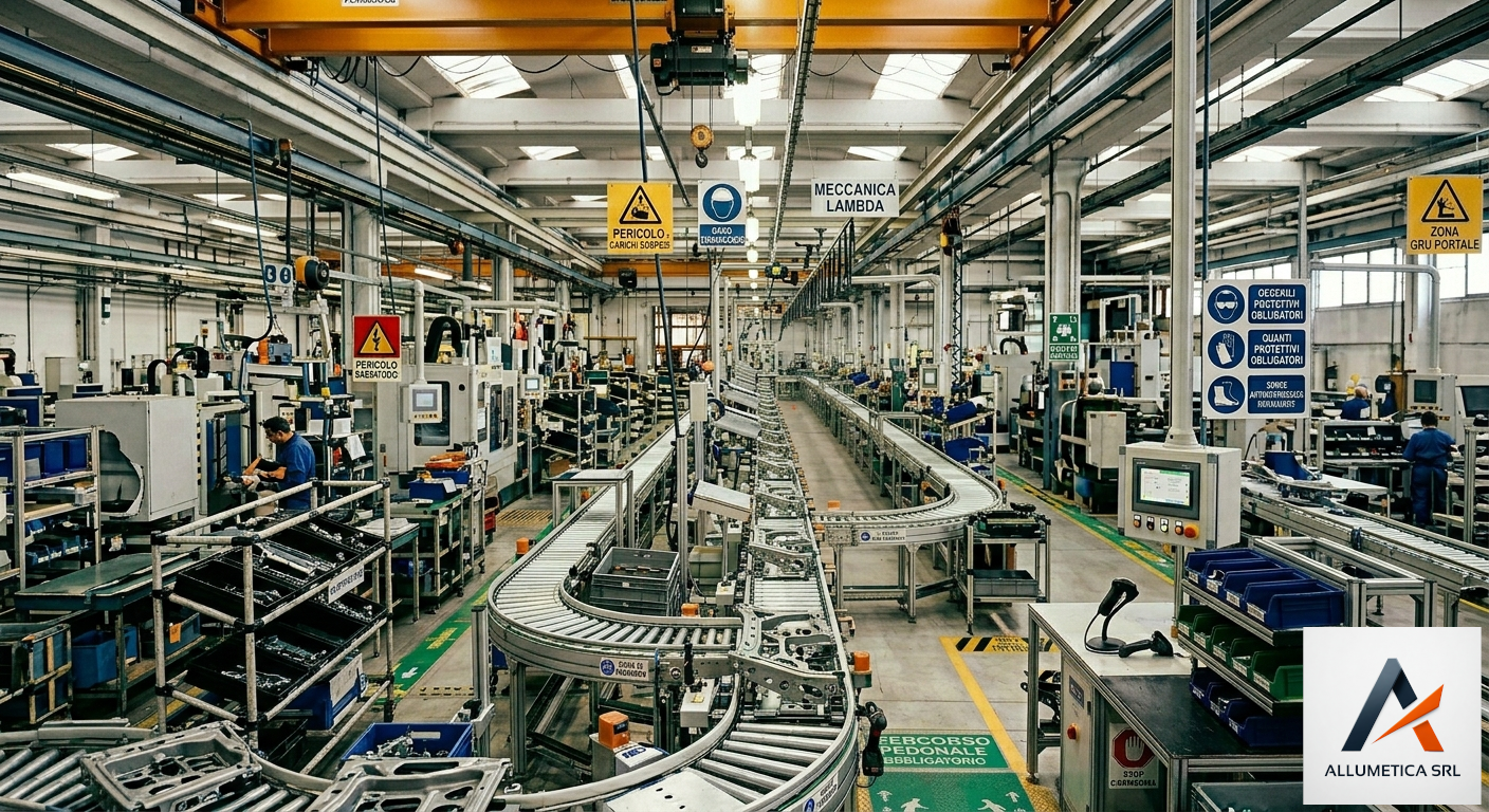 linea produttiva di assemblaggio in  profili strutturali di alluminio con nastri trasportatori e rulliere