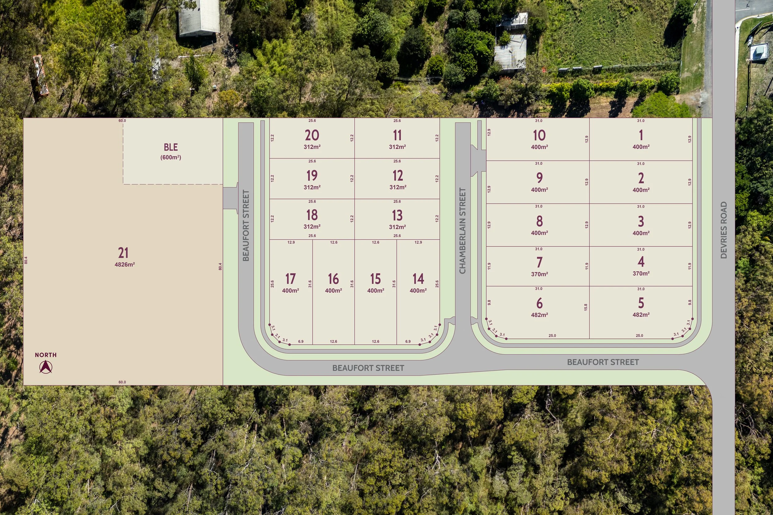 A plotted layout of numbered parcels with their respective areas, bordered by streets and surrounded by trees.