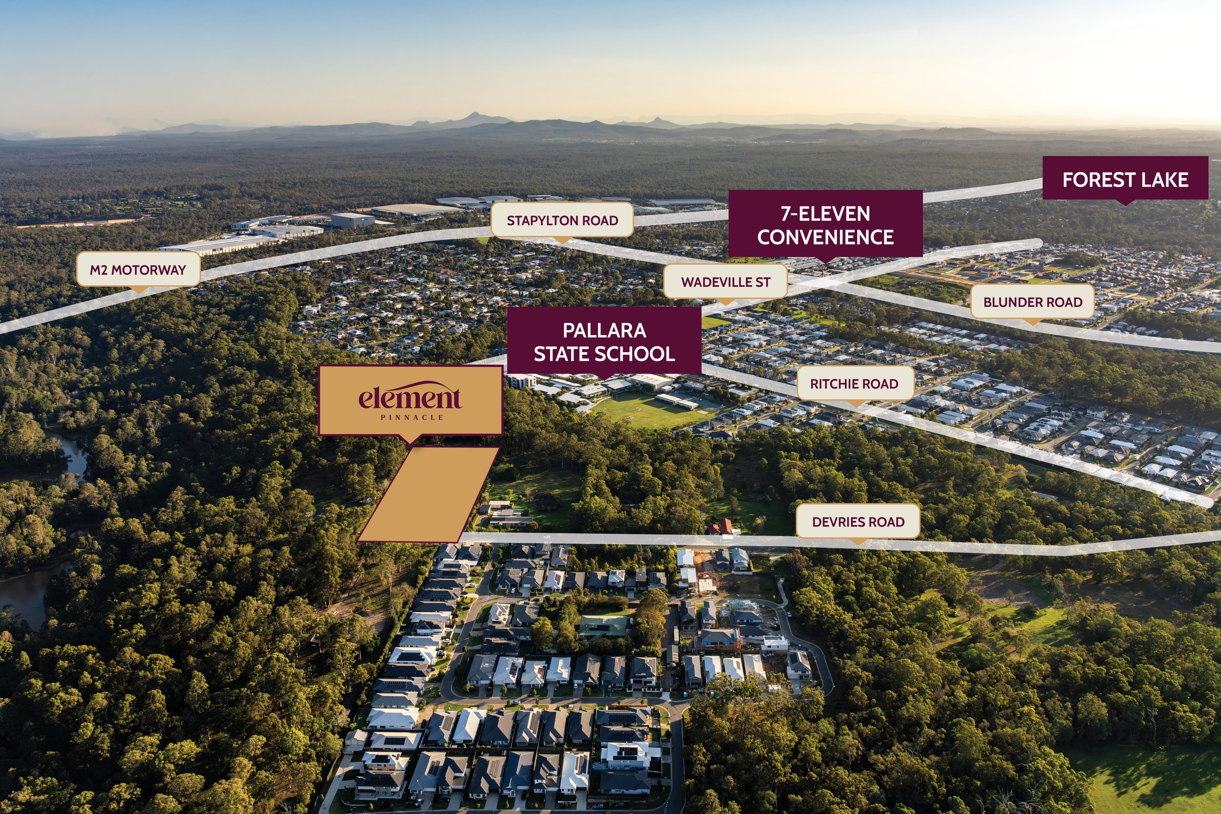 Aerial view of a suburban neighborhood with labeled streets and landmarks, including Pallara State School, Element Pinnacle, and various roads, with a wooded area in the foreground and mountains in the background.