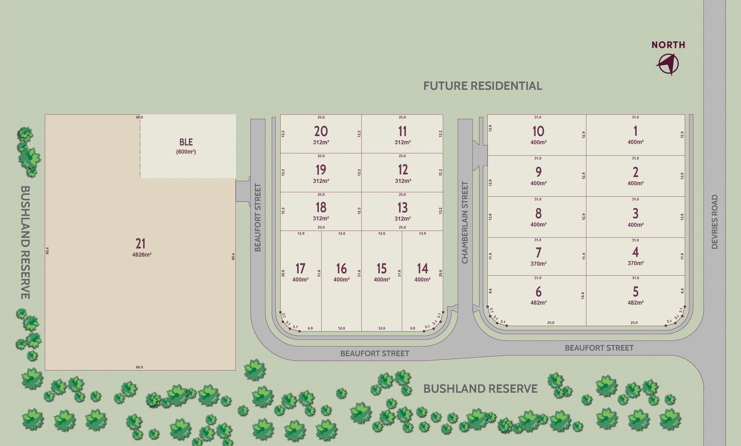 A map showing a residential subdivision plan with numbered lots, streets labeled Beaufort Street and Lambertain Street, surrounded by green spaces and trees. The lots are labeled with numbers and sizes in square meters.