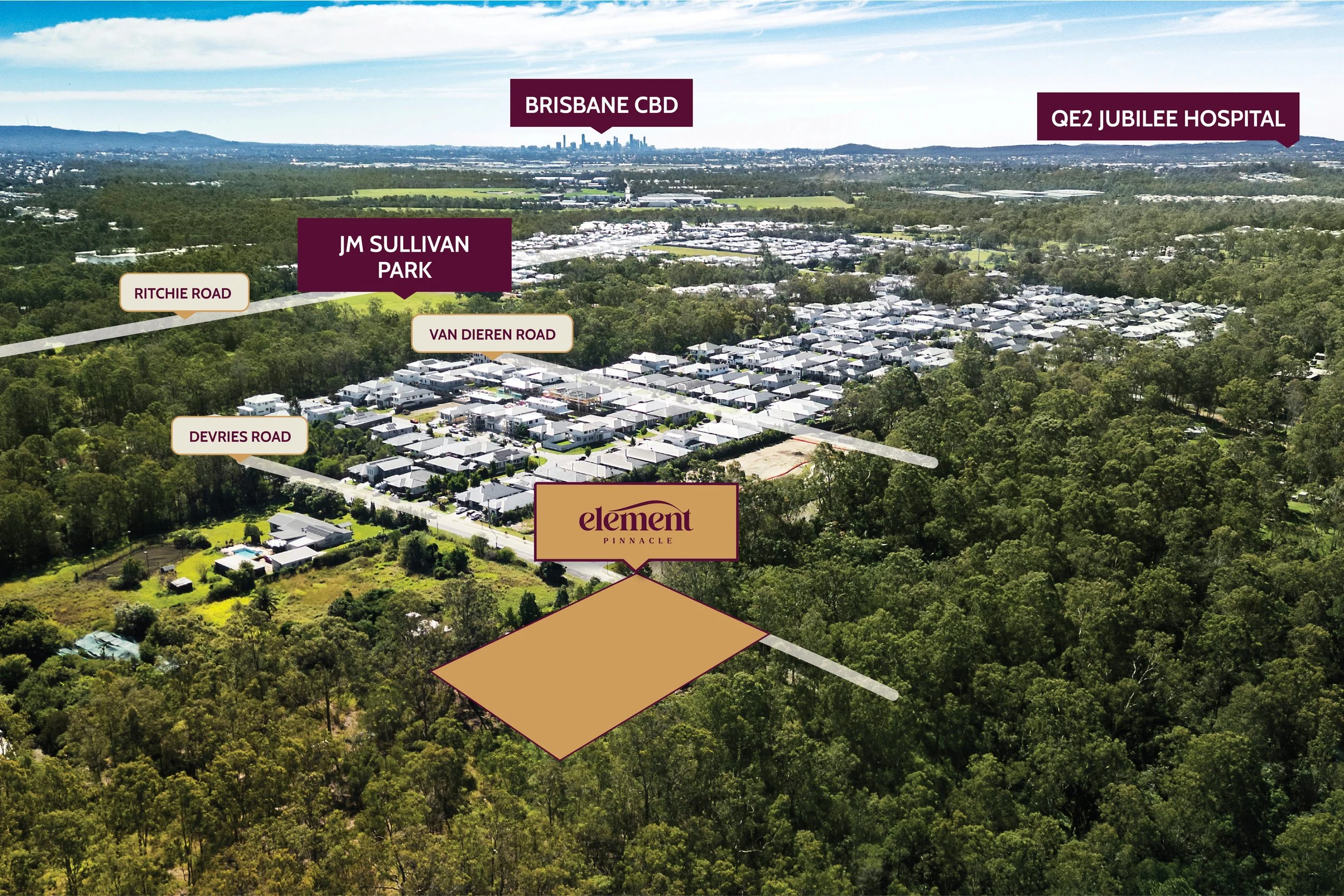 Aerial view of a residential area with trees and roads, with labels pointing to landmarks including Brisbane CBD, QE2 Jubilee Hospital, JM Sullivan Park, and Element Pinnacle.