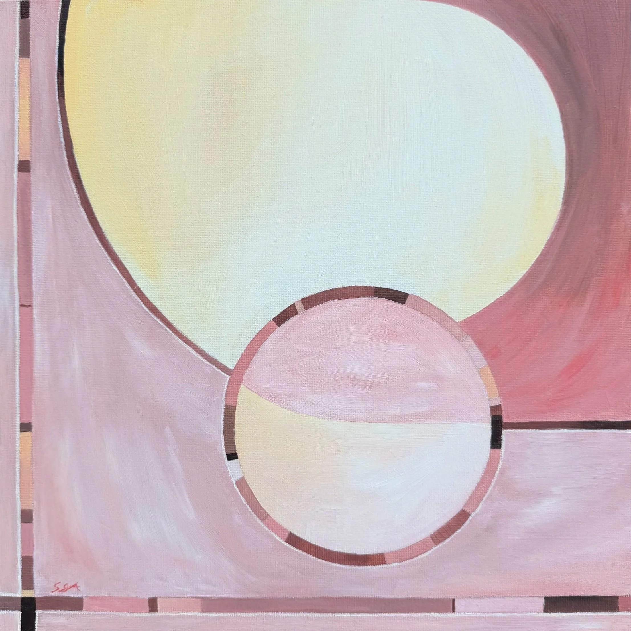 Sophia Grace Ashton's abstract painting named "after the storm" with pink, white, yellow, and brown geometric shapes and curved lines.
