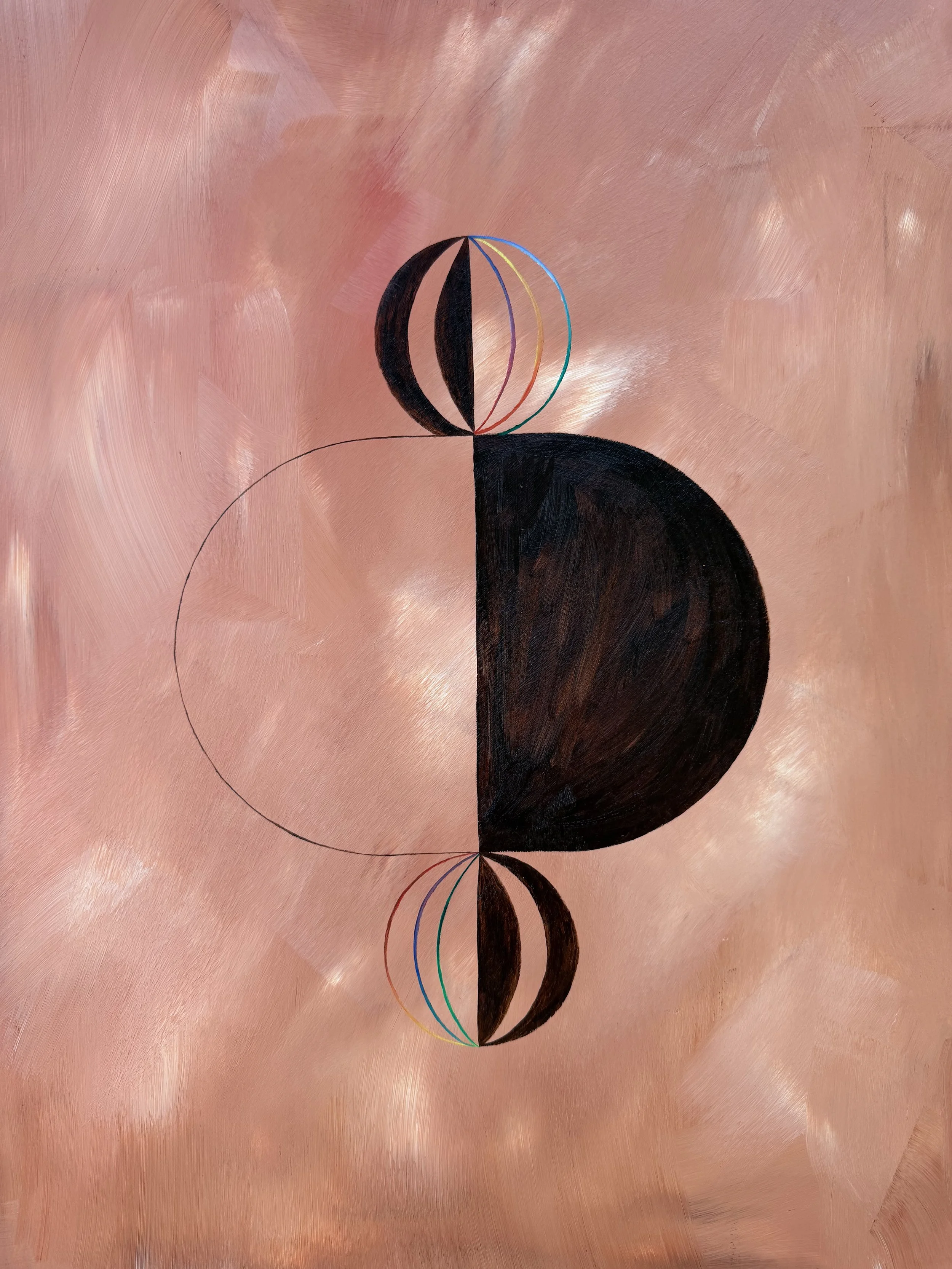 "Desire" Abstract artwork by Sophia Grace Ashton with symmetrical black shapes on a pink background, featuring multicolored lines and geometric design.