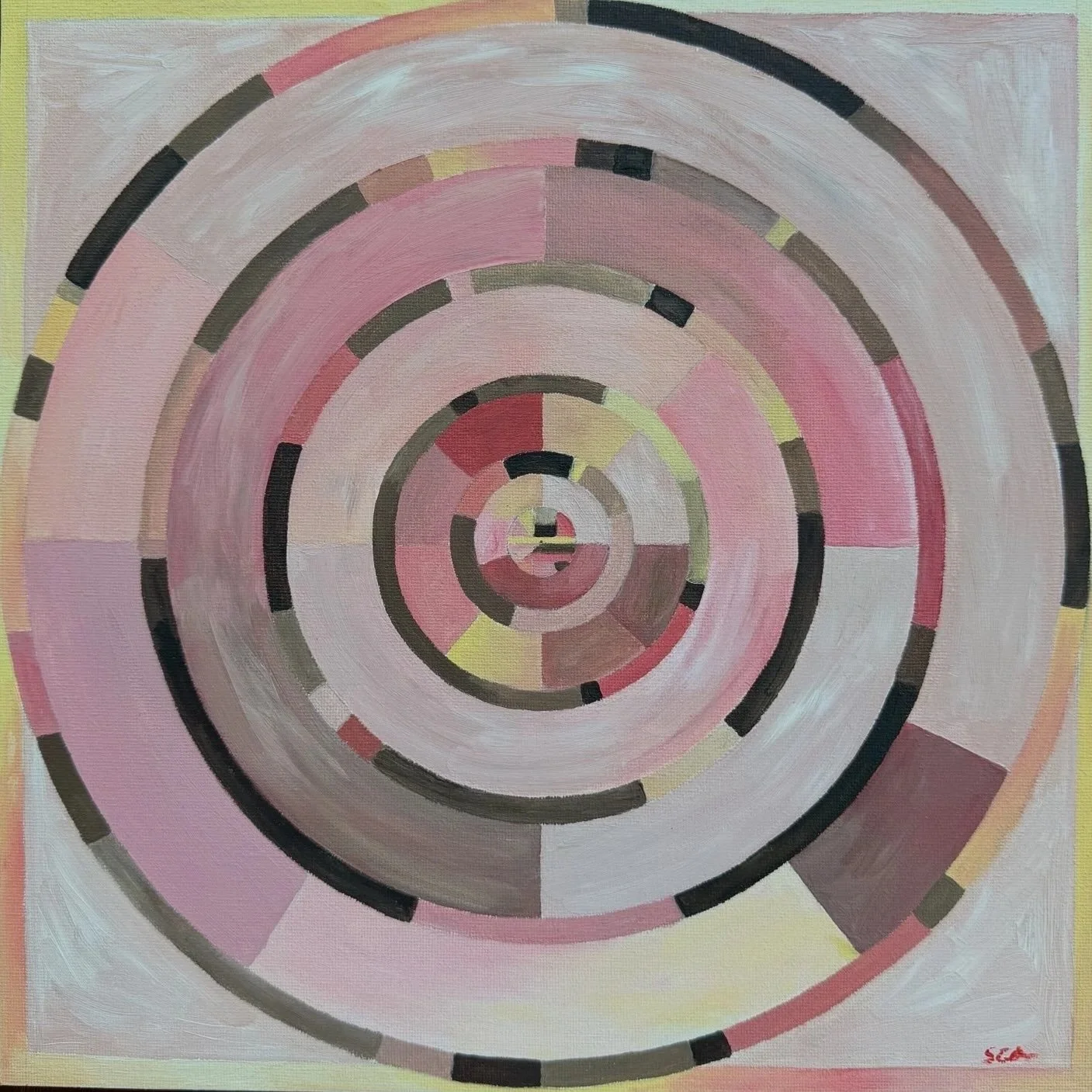 "Monsoon" Abstract painting by Sophia Grace Ashton featuring concentric circles made of various shades of pink, beige, grey, black, and hints of yellow, creating a spiral effect.