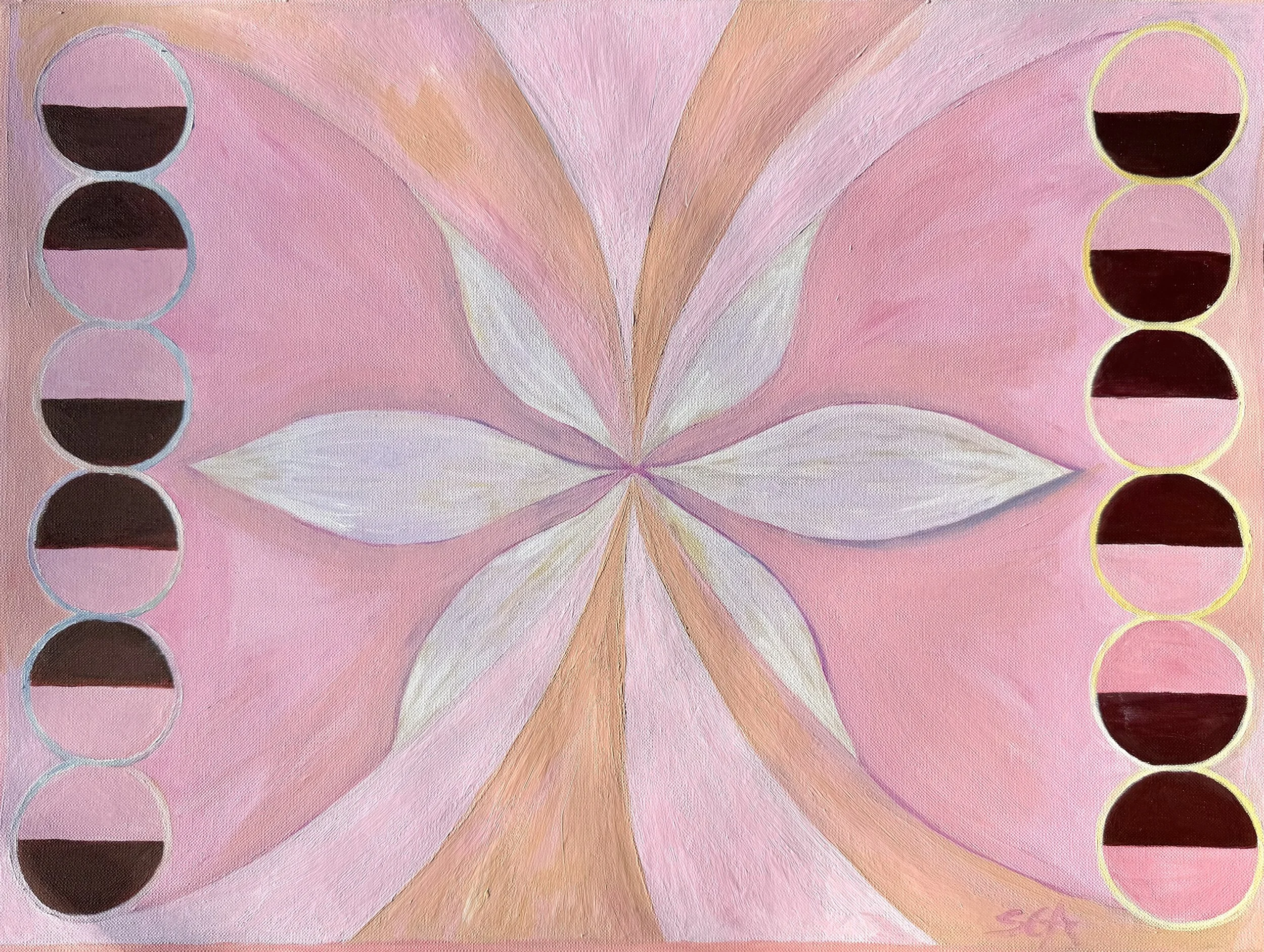 Sophia grace Ashton's "Flourishing Dream" abstract painting with pink, peach, and white colors and symmetrical design in the center.
