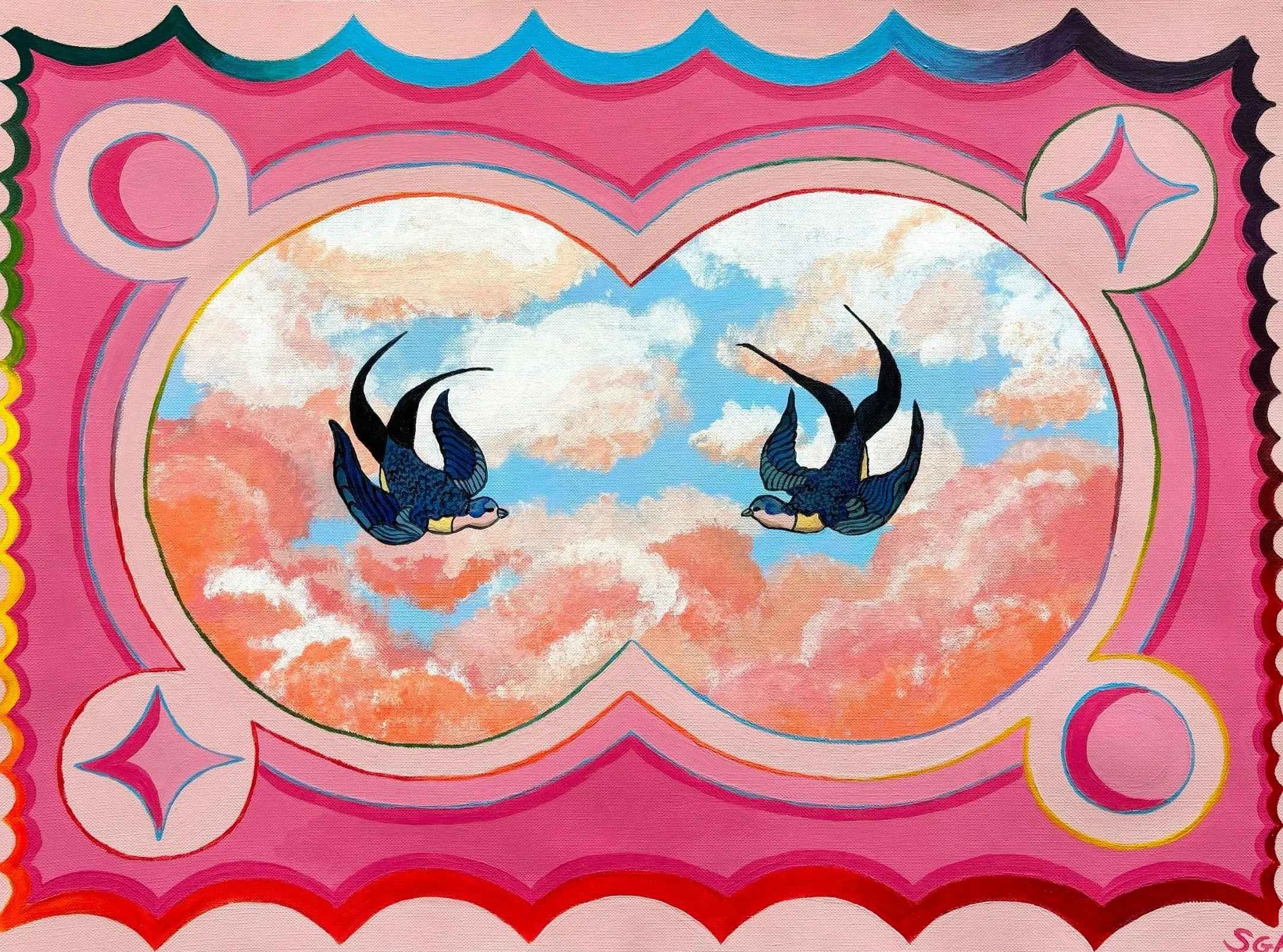 Colorful artwork featuring two blue and black birds flying in a sky with pink and orange clouds, surrounded by decorative pink, green, blue, yellow, black, and red borders.