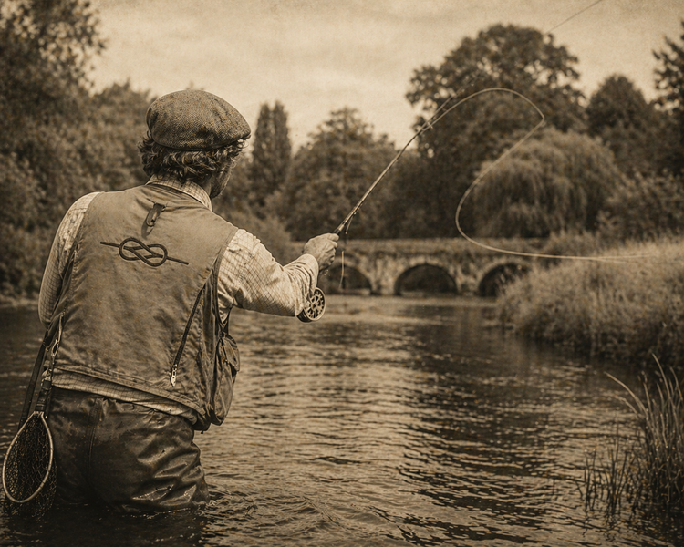 A man fishing in a river with a bridge and trees in the background, sepia tone.