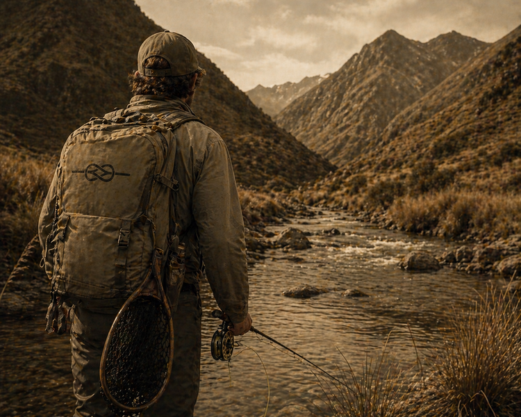 Person in camouflage gear with a backpack and fishing net standing by a river in rugged mountains.