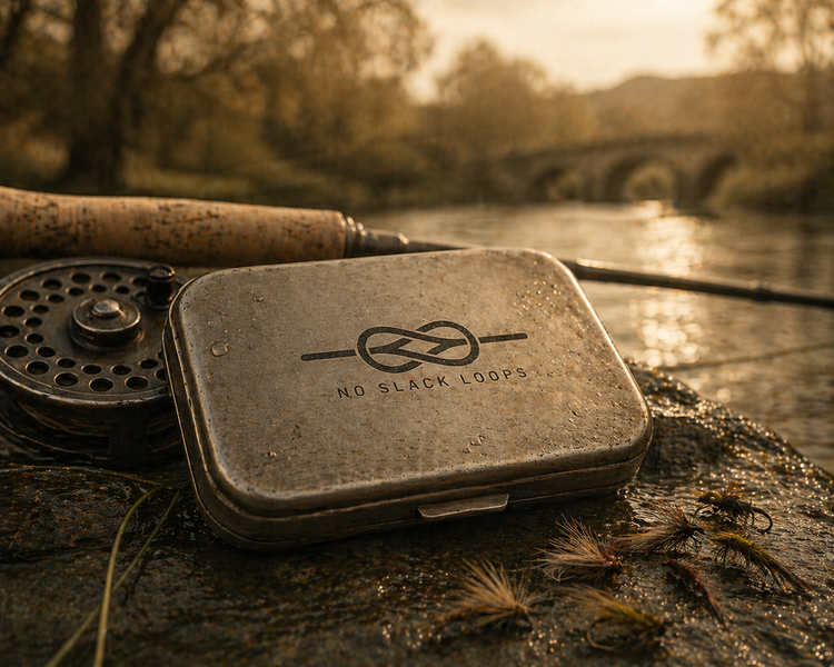Fishing reel and tackle box on a riverbank at sunset, with the tackle box displaying a symbol and the phrase 'No Slack Loops.'