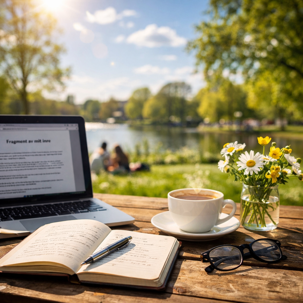En laptop, en öppen bok, en penna, en kopp te eller kaffe, ett par glasögon och en vas med gula och vita blommor på ett trätbord utomhus vid en sjö, med människor i bakgrunden.