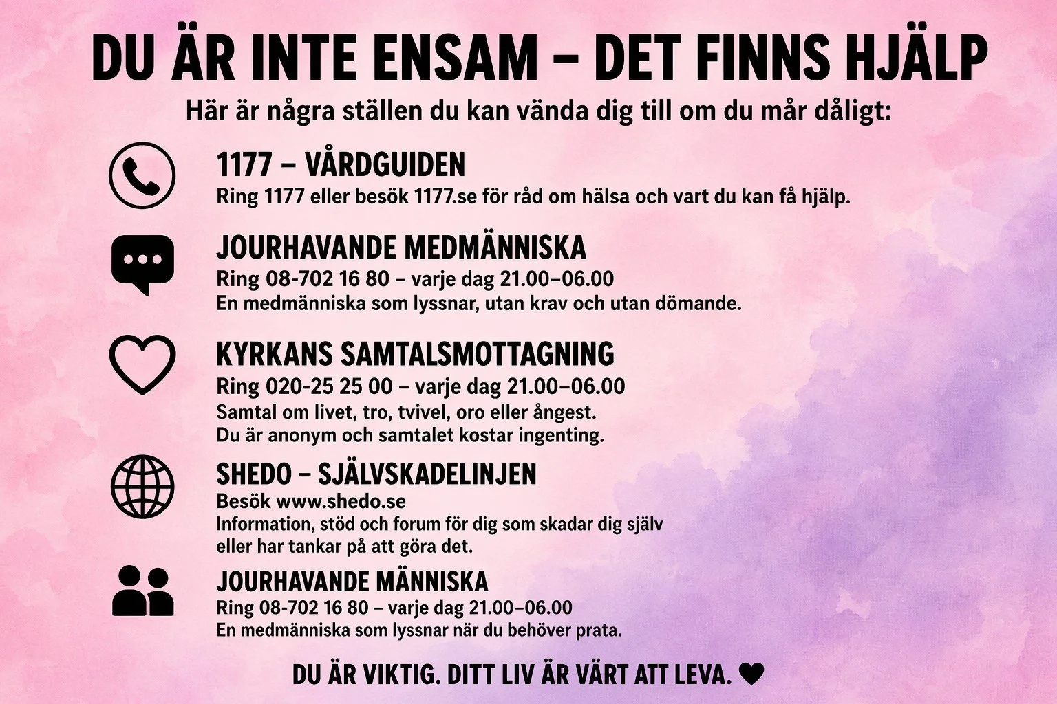Informationsblad med stödresurser för personer med psykisk ohälsa, inklusive telefonhjälp, chat, samtal med kyrkans samtalsmottagning, självhjälpslinjen, samt en webbadress för mer information.