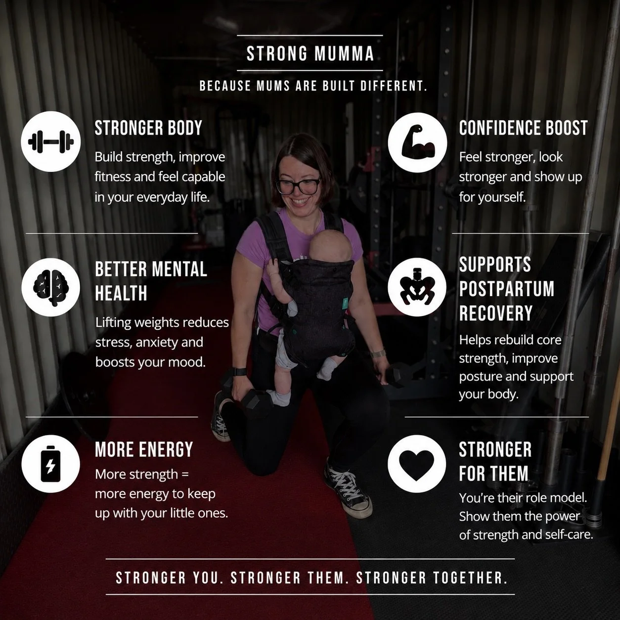 Strong mums aren&rsquo;t born, they&rsquo;re built 😇

Benefits of strength training for mums:
🤍 More energy
🤍 Stronger core &amp; posture
🤍 Better mental health
🤍 Improved confidence
🤍 Support for postpartum recovery
🤍 Strength for you AND you