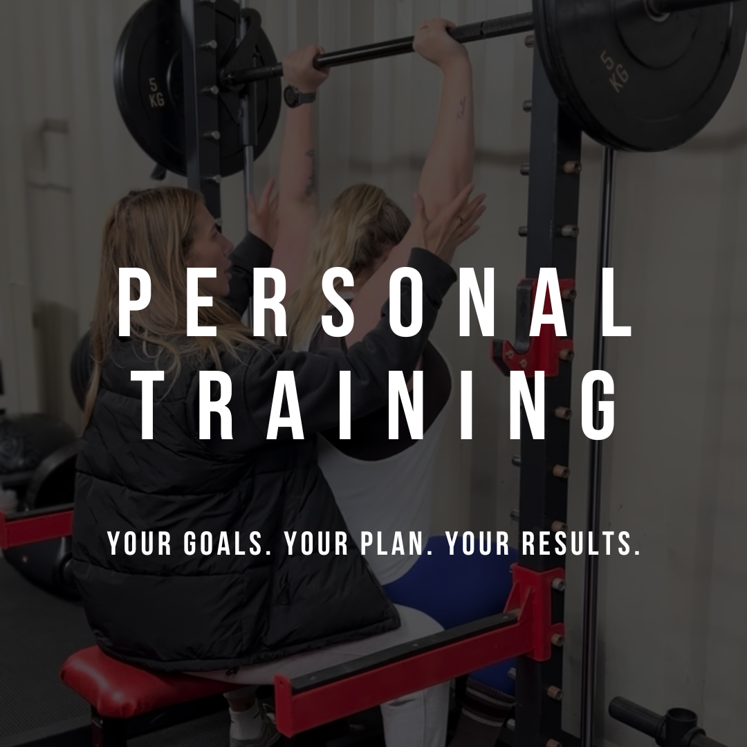 Two women under supervision at a gym, one spotting the other doing a squat with a barbell, with the text "Personal Training" and "Your goals. Your plan. Your results." overlaying the image.