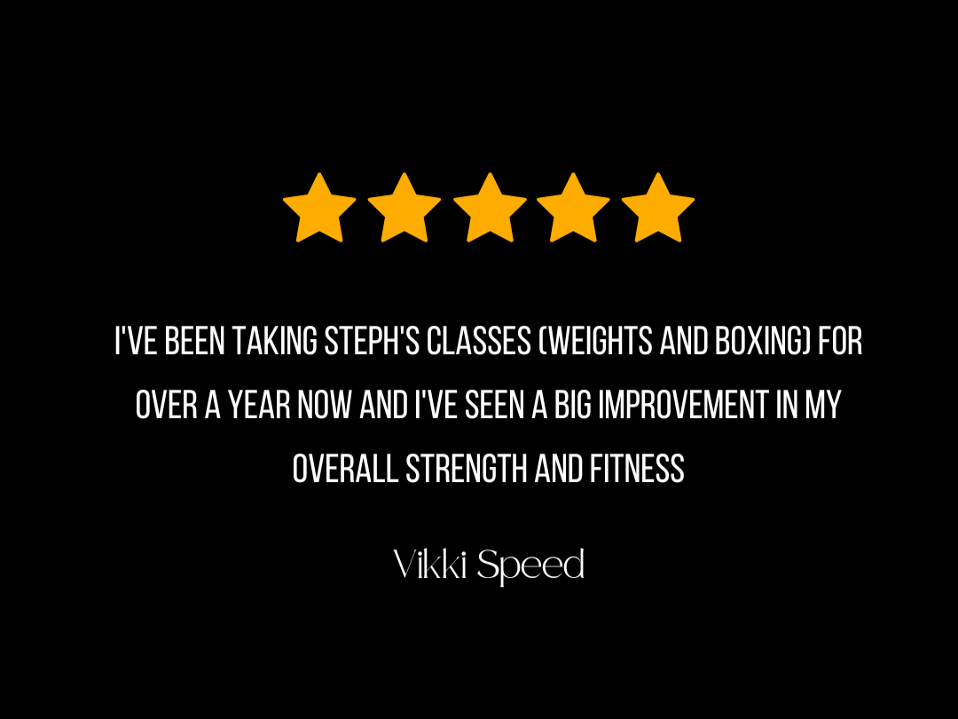 Five gold stars with review text and quote from Vikki Speed praising strength and fitness improvements from taking Steph's classes.
