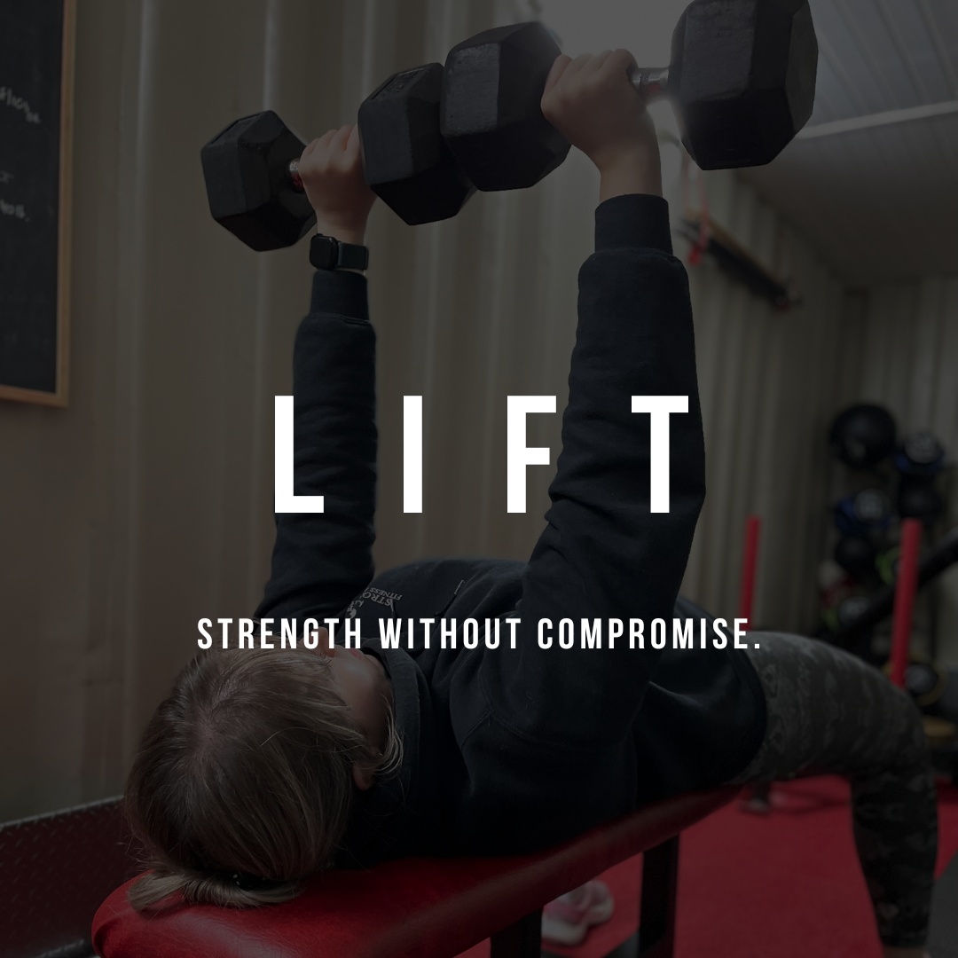 Person lifting a dumbbell while lying on a bench in a gym. Promoting a Weightlighting workout program.