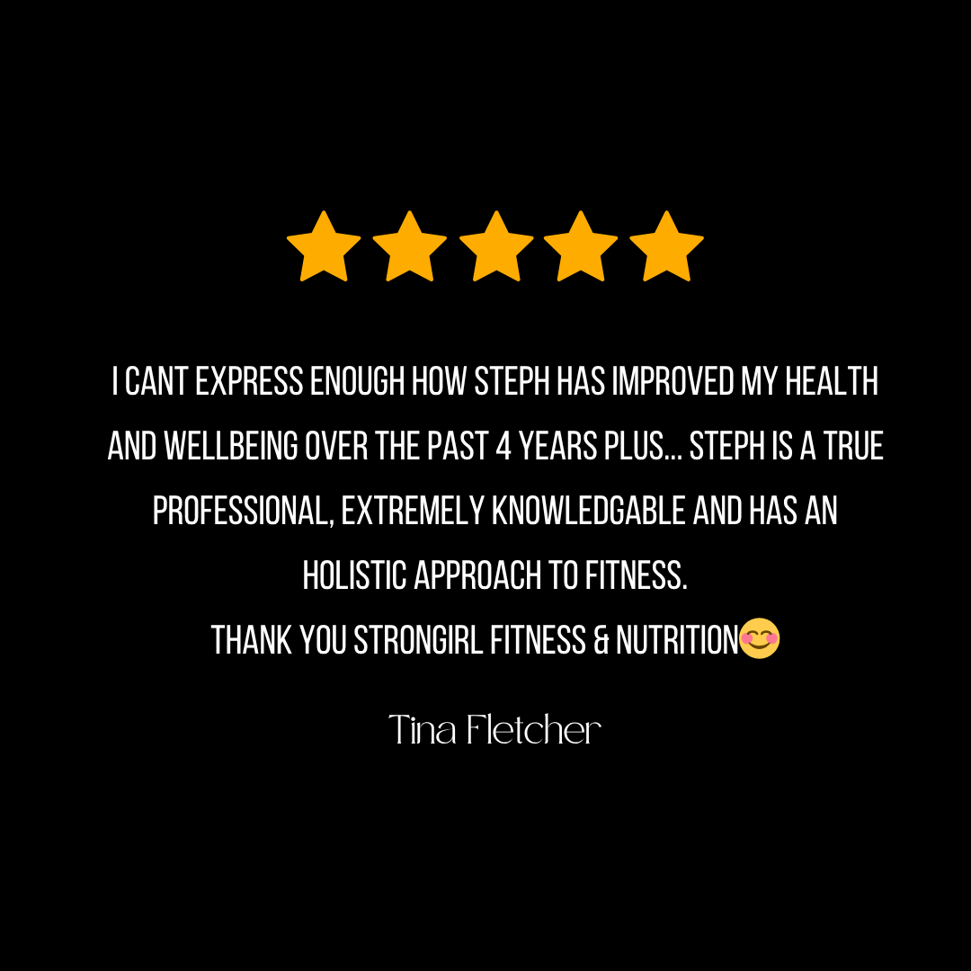 Customer testimonial with five-star rating, praising Steph's professionalism and holistic approach to fitness, signed by Tina Fletcher.