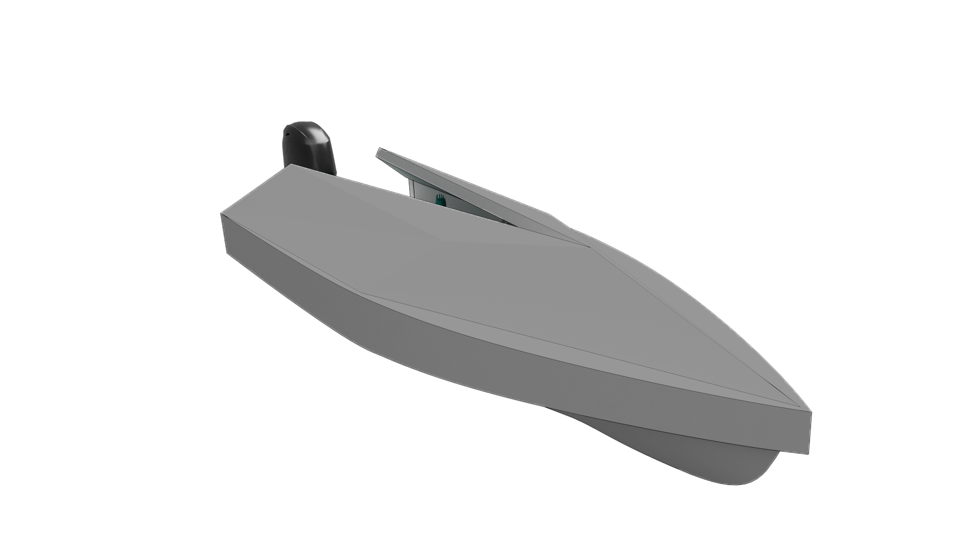A digital rendering of a boat hull with a small black part at the bow and a hatch on the deck.