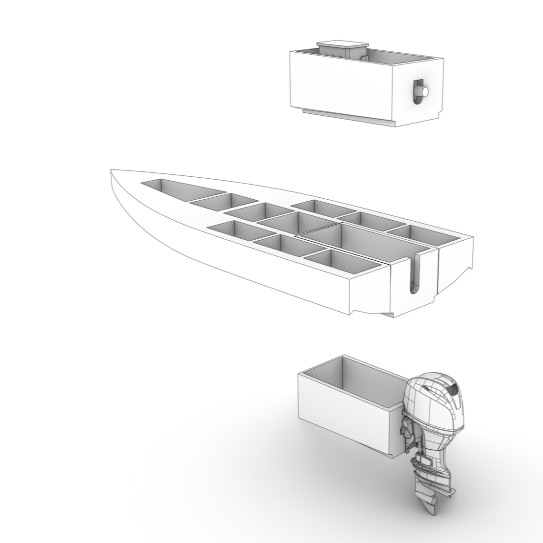 Disassembled model of a boat with a motor, showing the hull, inner sections, and engine in a digital rendering.
