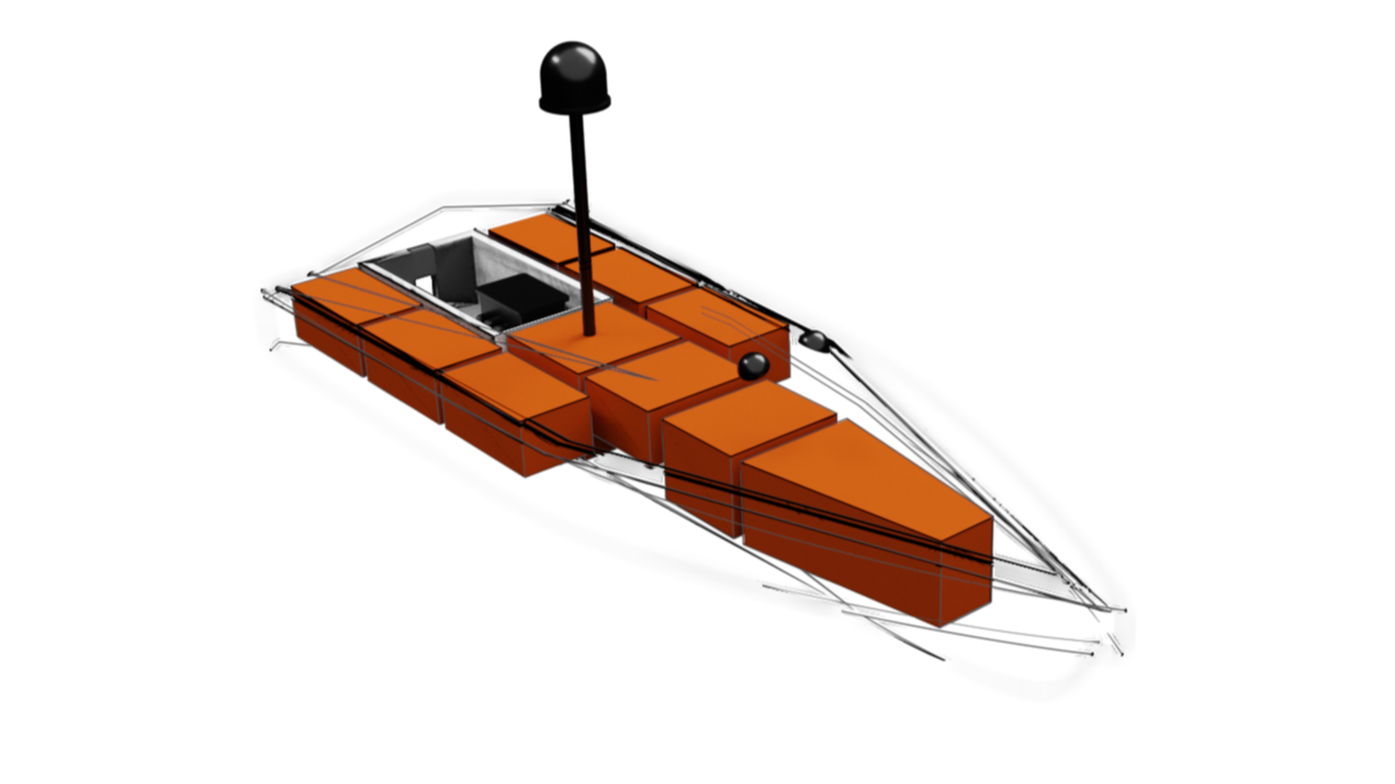 A 3D computer model of a submarine with orange and black colors on a black background.