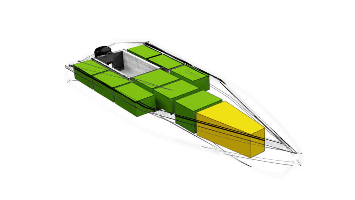 A 3D digital rendering of a tank with green and yellow blocks surrounding it, set against a black background.