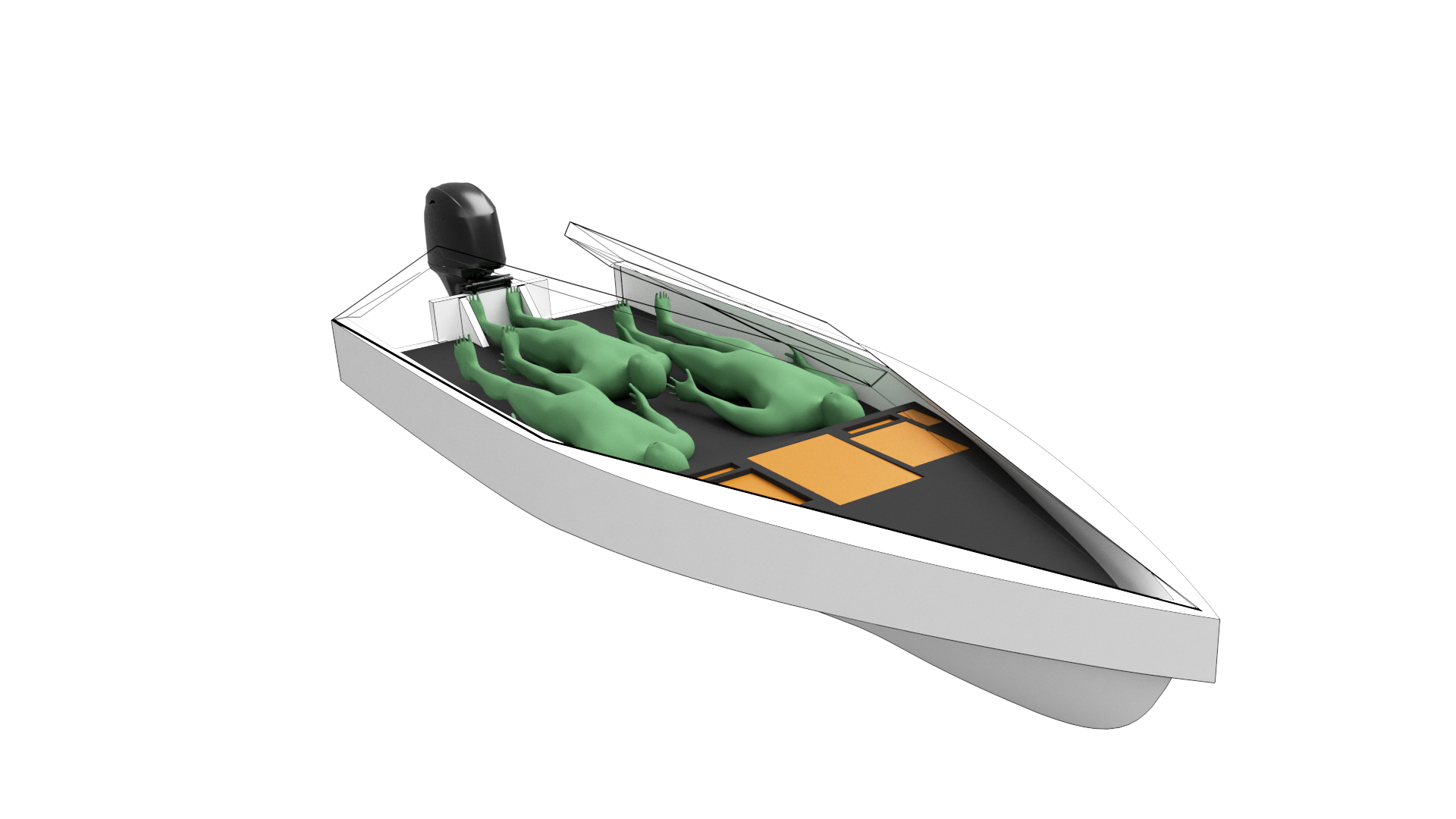 Graphic rendering of a boat with green humanoid figures lying inside, possibly for a simulation or futuristic scenario, with a black and gray background.