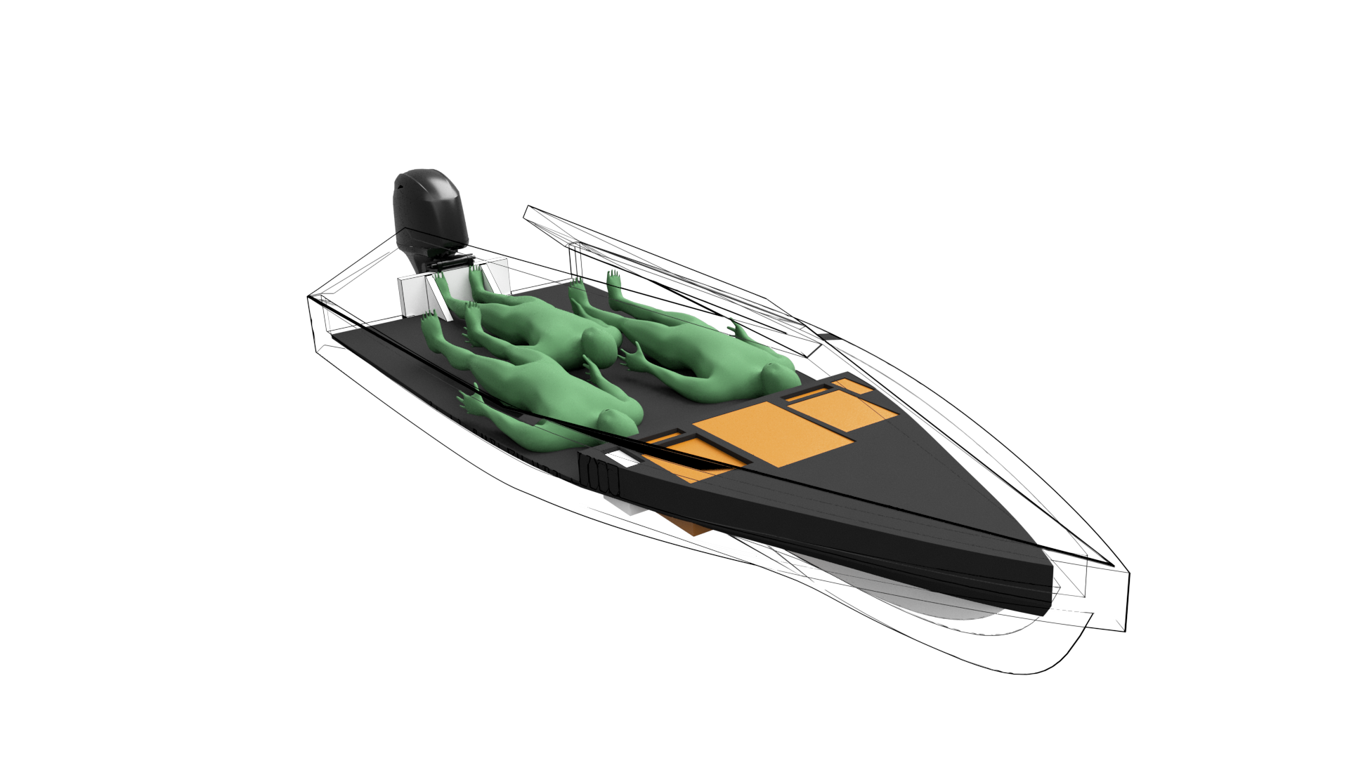 Diagram of a boat with three three-dimensional green human-like figures lying on their backs on a black surface inside the boat.