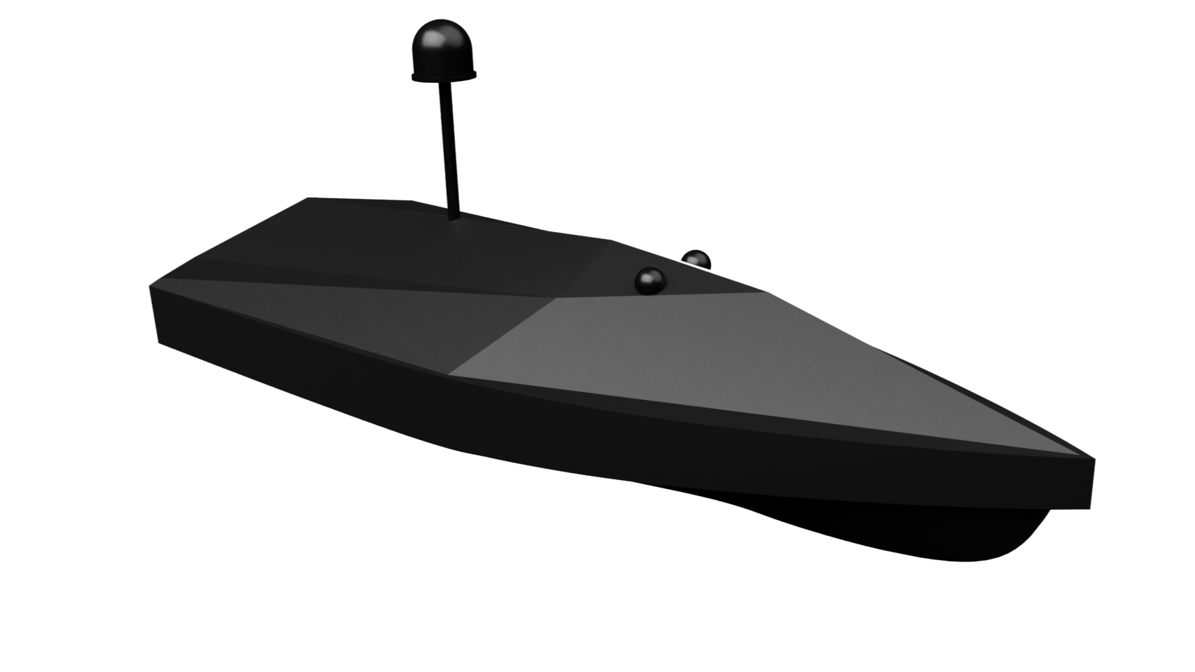 A black and grey abstract geometric sculpture with a long, pointed shape, two small black spheres, and a black dome on a black background.