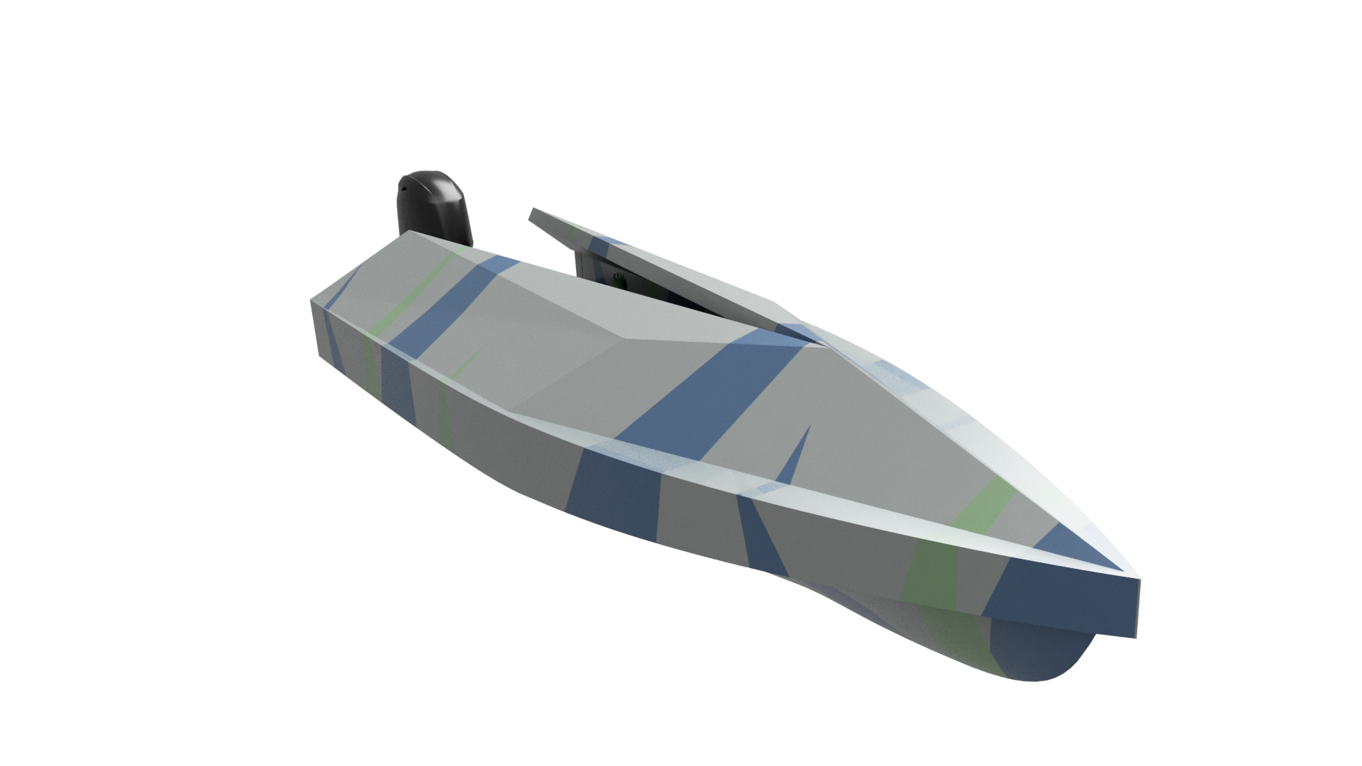 Digital rendering of a modern sailboat with a sharp, angular design, painted in shades of gray, with a stylized sail and streamlined hull.