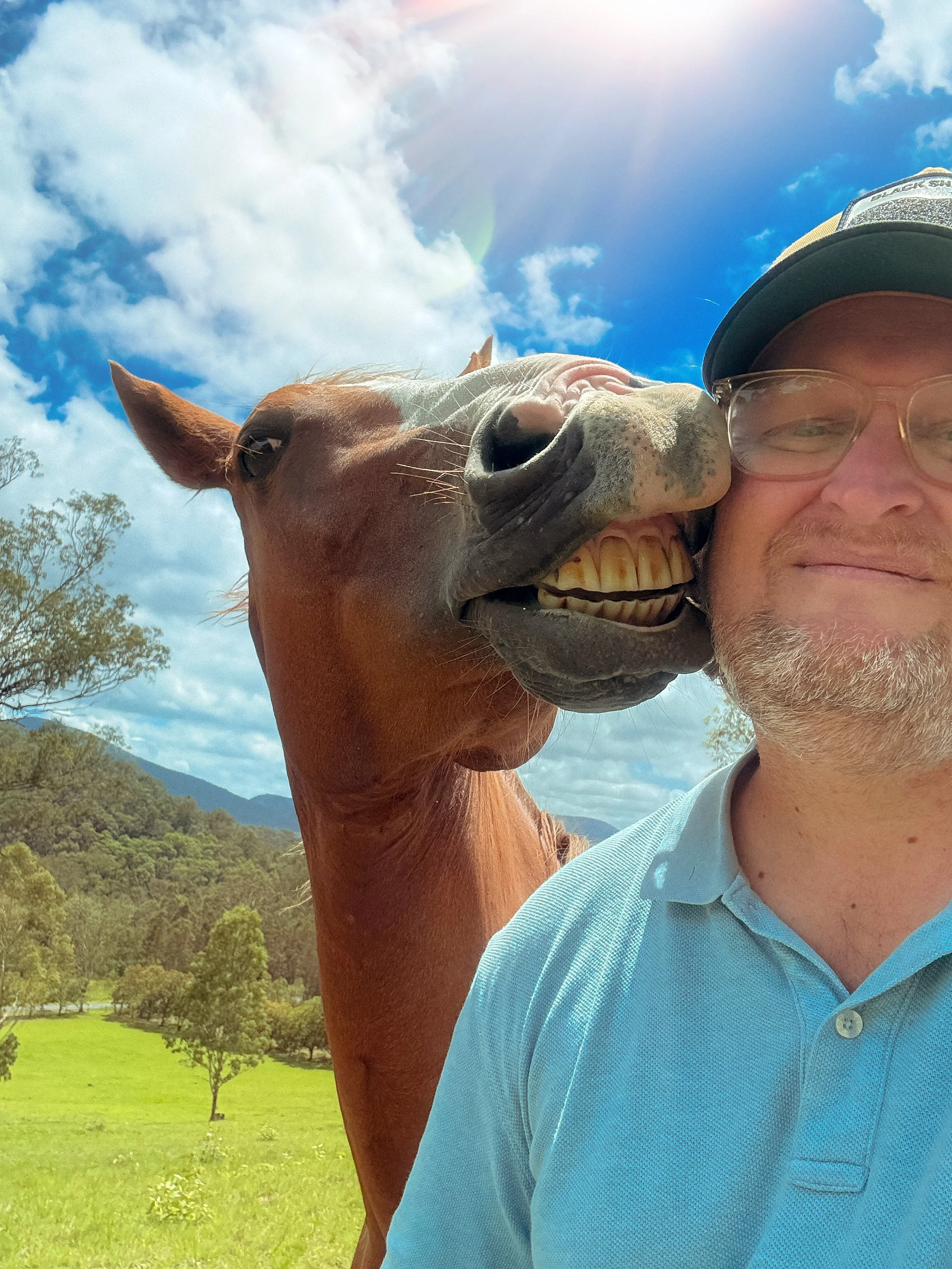 A man in glasses and a blue polo shirt smiling as a horse nuzzles his cheek outdoors against a backdrop of trees, mountains, and a partly cloudy sky.