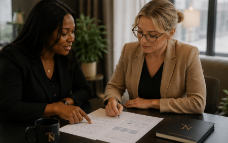 Two women sitting at a table reviewing documents, one pointing at the paper, with mugs and a notebook on the table.